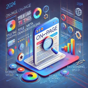 Illustration of a website optimization process, highlighting key elements of On-Page SEO such as meta tags, keyword research, internal linking, and content optimization.